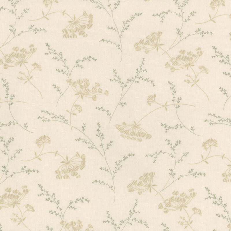 Cream fabric with small light tan tossed florals and teal sprigs