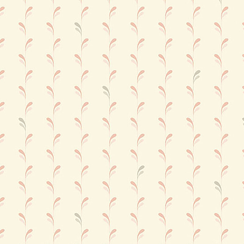 Light cream fabric with repeating stripes made of light pink vines and leaves