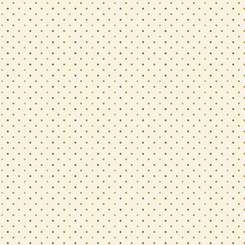 Light cream fabric with small evenly spaced green and tan polka dots
