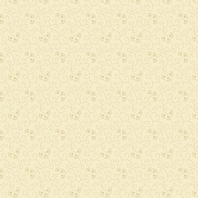 Light tan fabric covered in swirling dotted lines and small florals