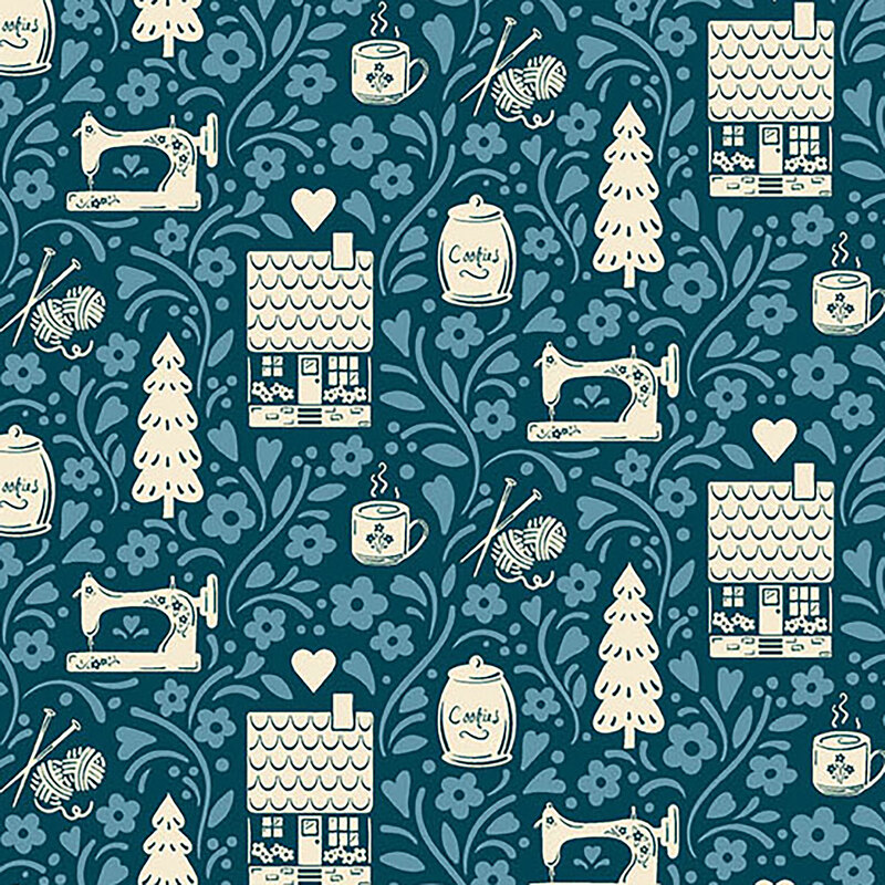 A section of fabric featuring off white cottages, trees, sewing machines, and hearts against a tonal blue background with vines and florals