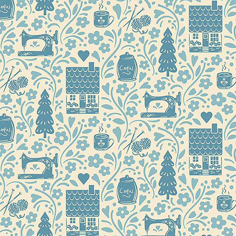 Light tan fabric with small navy blue sewing machines, cottages, trees, and hearts with light blue leaves and vines