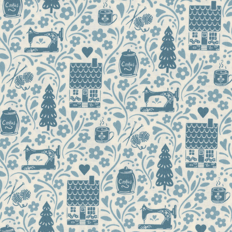 Cream fabric with small navy blue sewing machines, cottages, trees, and hearts with light blue leaves and vines