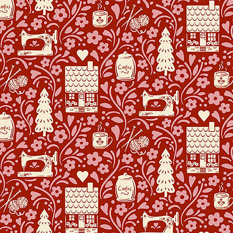 Section of fabric with off white cottages, sewing machines, jars of honey, and hearts against a bold red background