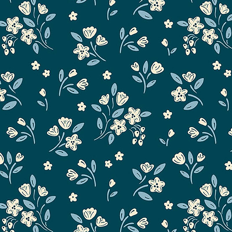 Navy blue fabric with ditsy floral bunches featuring light blue stems and white flowers