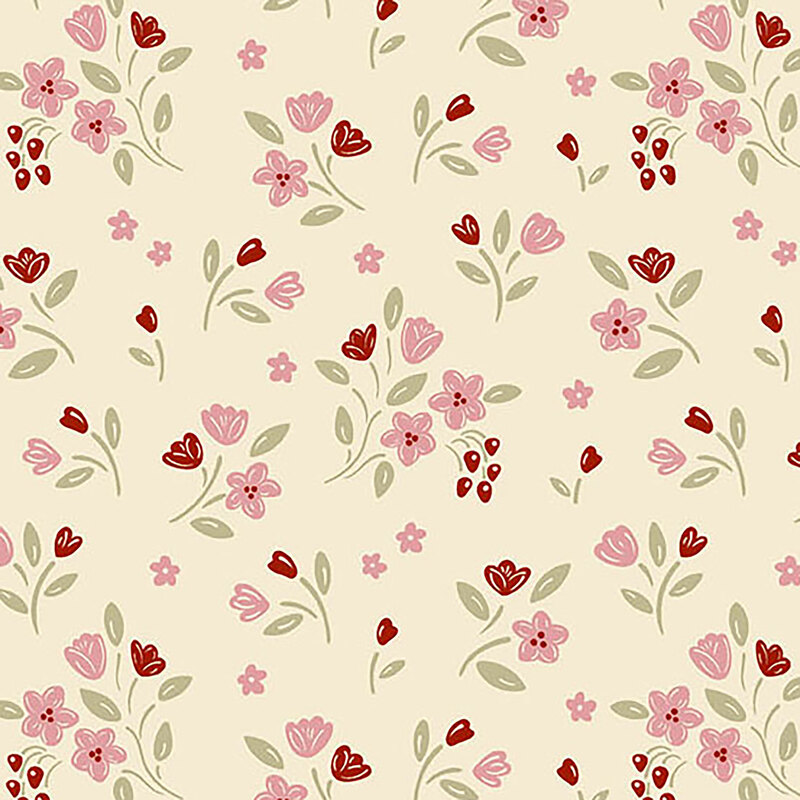 Cream colored fabric with ditsy floral bunches featuring green stems and pink and red flowers