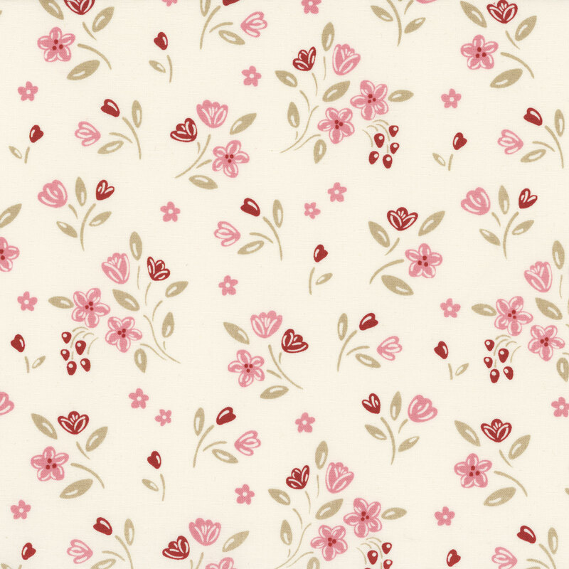 Cream colored fabric with ditsy floral bunches featuring green stems and pink and red flowers