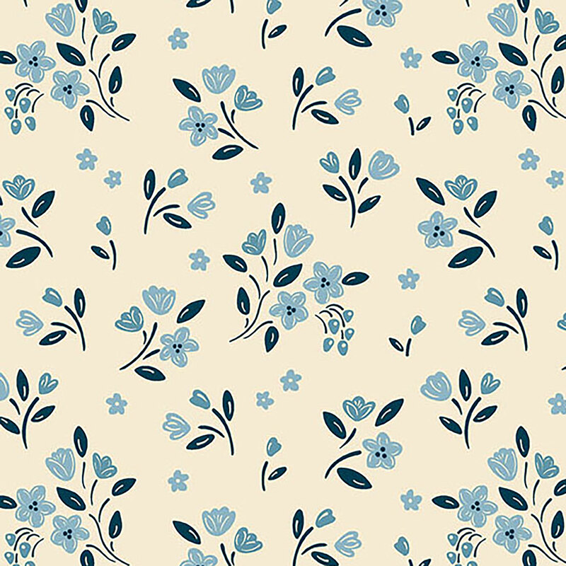 Light cream fabric featuring ditsy floral bunches with navy blue stems and light blue flowers