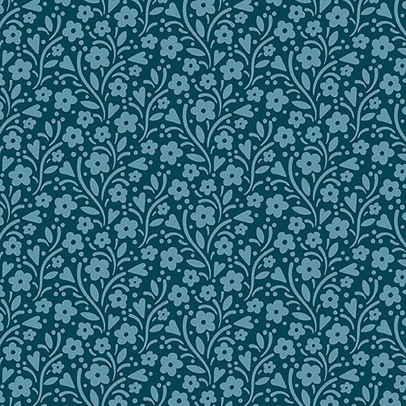 Tonal navy blue fabric with medium blue leaves, vines, and flowers all over