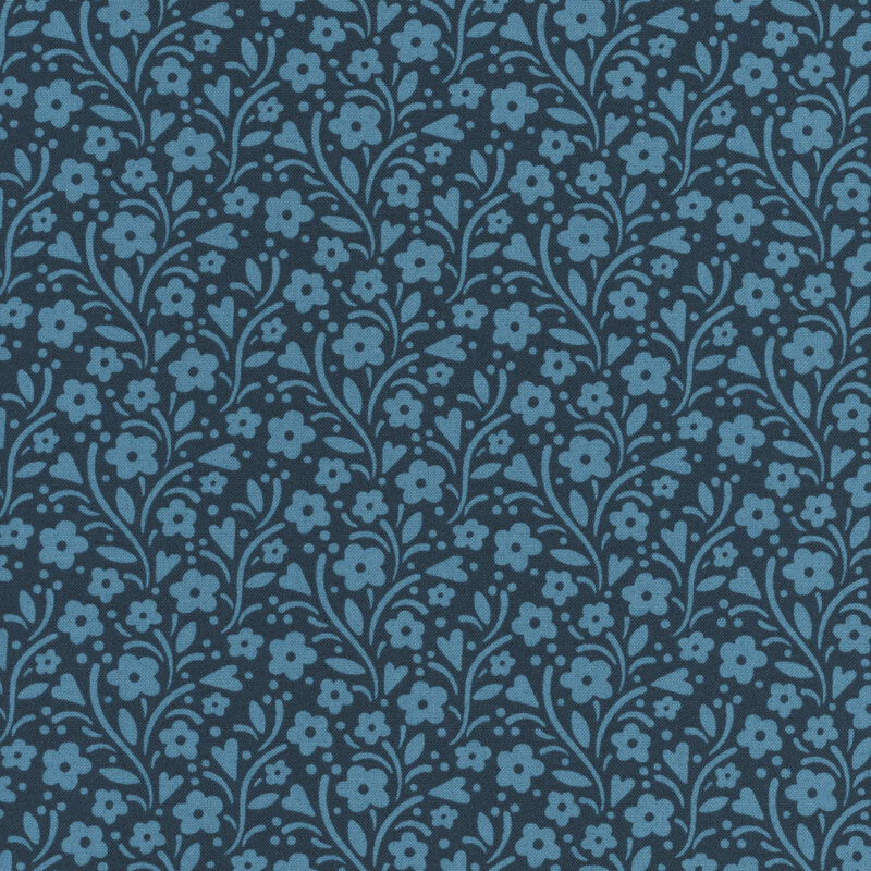 Tonal navy blue fabric with medium blue leaves, vines, and flowers all over