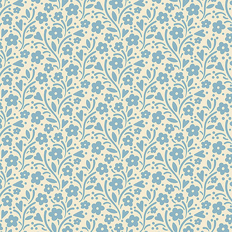 Light cream fabric with light blue leaves, vines, and florals all over