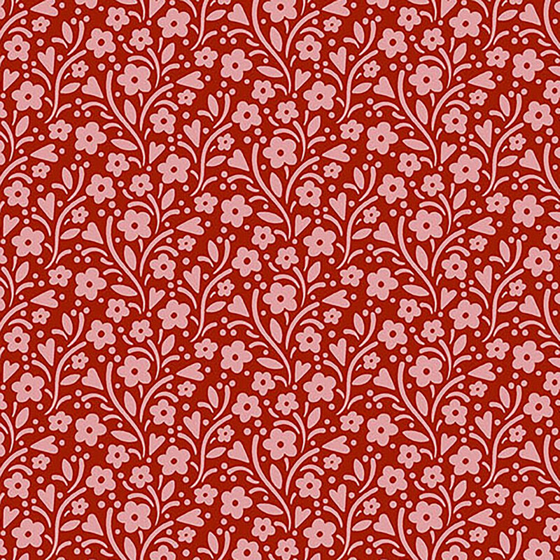 Tonal red fabric with pink leaves, vines, and florals all over