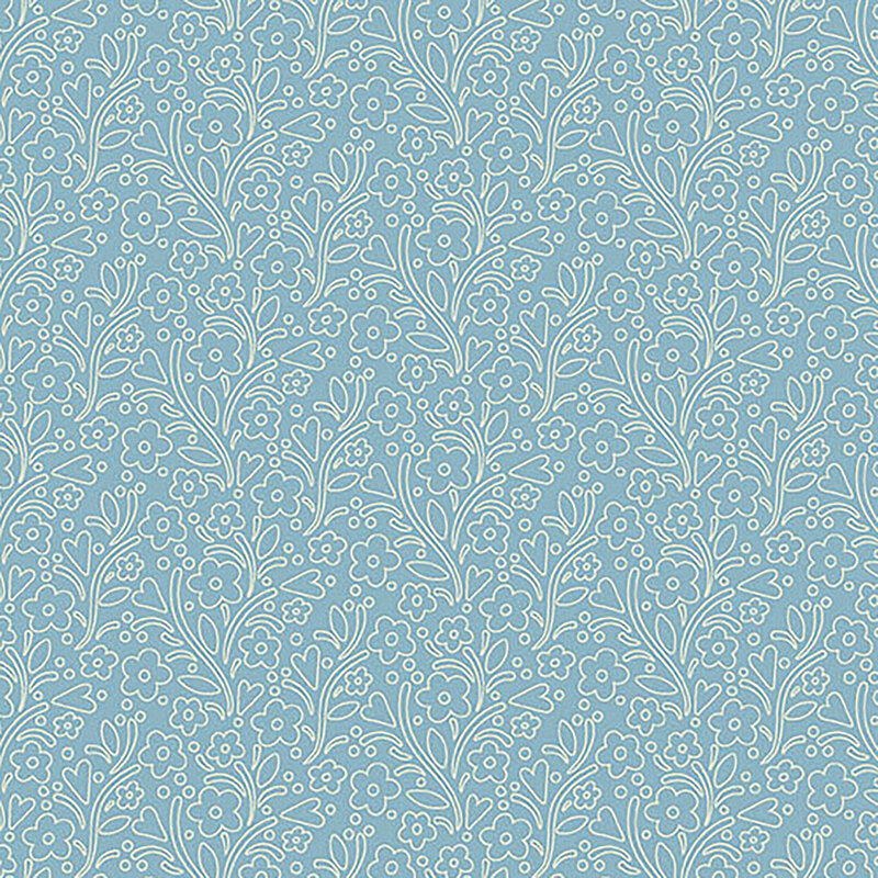 Light blue fabric with cream outlines of hearts, flowers, leaves, and vines throughout