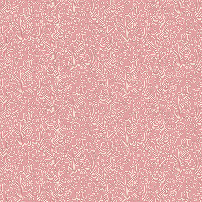 Light pink fabric with cream outlines of hearts, leaves, vines, and flowers throughout