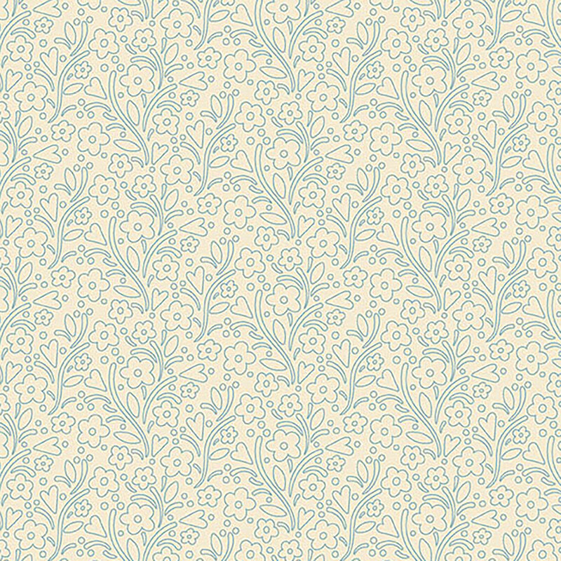 Light cream fabric with light blue outlines of leaves, vines, hearts, and flowers throughout