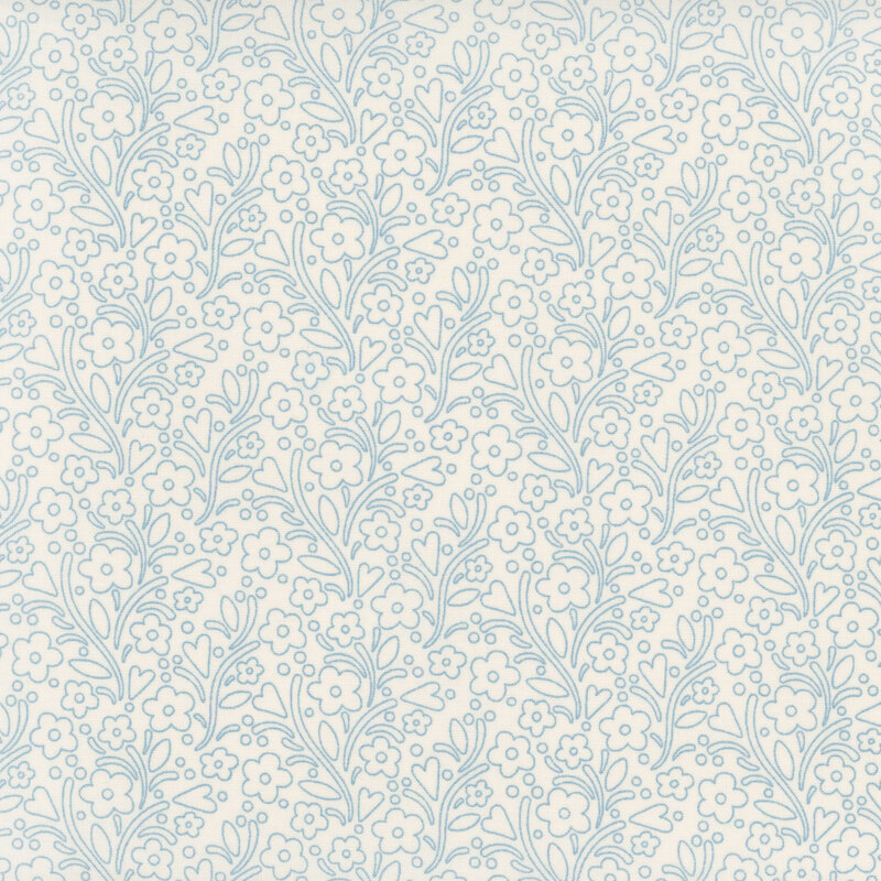 Cream fabric with light blue outlines of leaves, vines, hearts, and flowers throughout