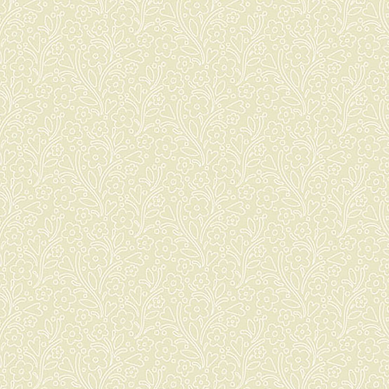 Tonal light cream fabric with white outlines of leaves, vines, and flowers throughout