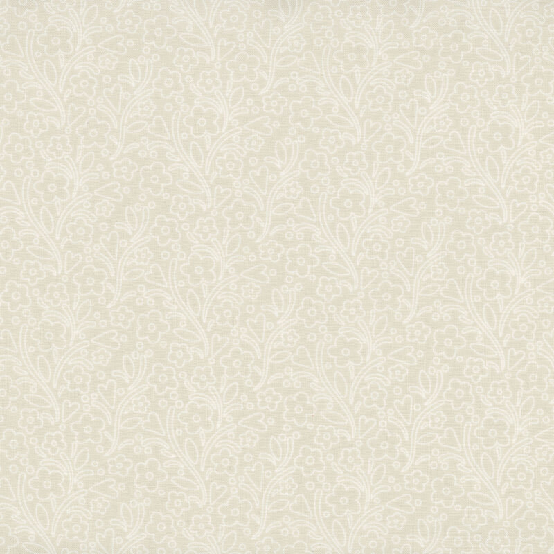 Tonal light cream fabric with white outlines of leaves, vines, and flowers throughout