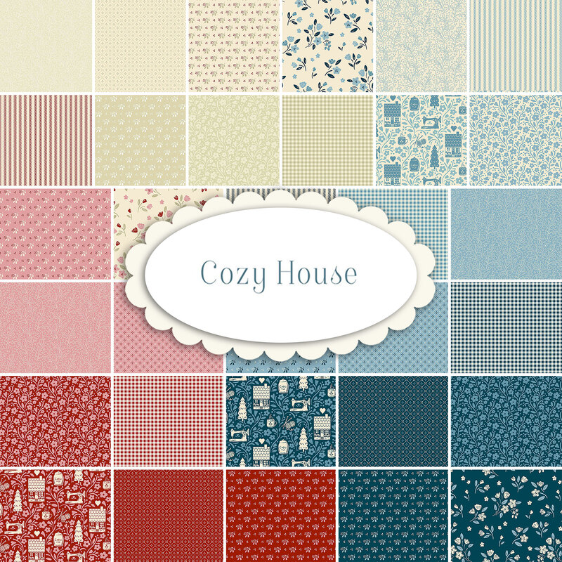 A collage of red, cream, and blue fabrics included in the Cozy House fabric collection