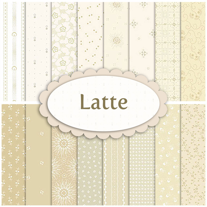 A collage of fabrics ranging from white to light tan in the Latte fabric collection
