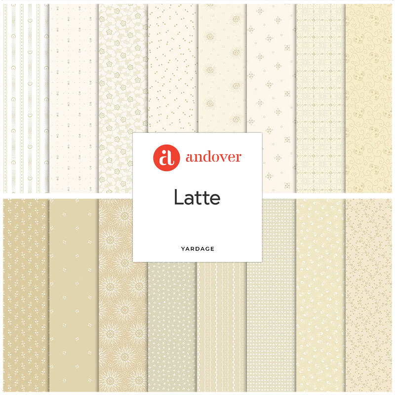 A collage of fabrics ranging from white to light tan in the Latte fabric collection