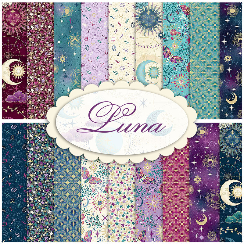 collage of fabrics the the Luna Collection featuring moons, suns, butterflies, night skies, stars, and more
