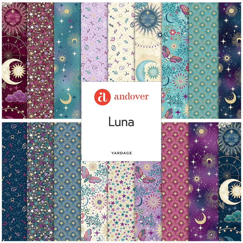 collage of fabrics the the Luna Collection featuring moons, suns, butterflies, night skies, stars, and more