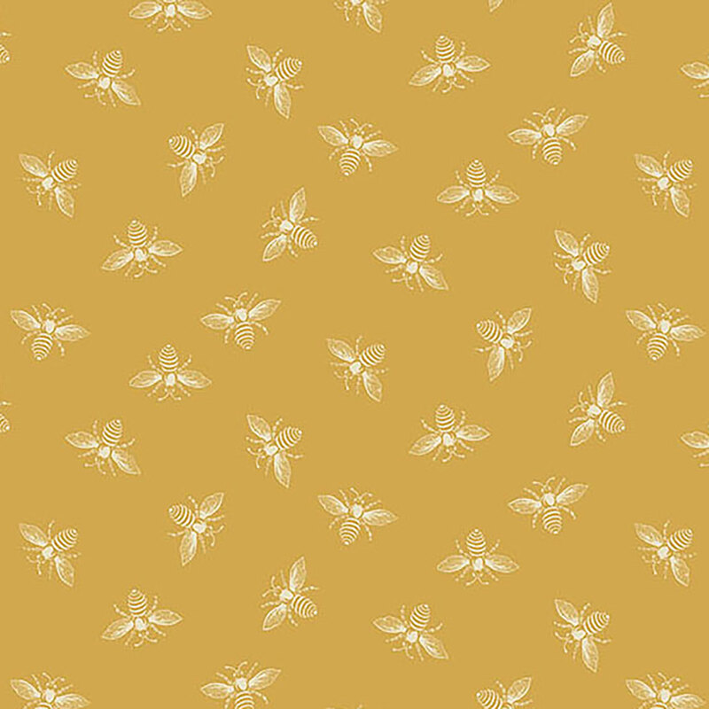 Butterscotch yellow fabric with off white ditsy bees all over