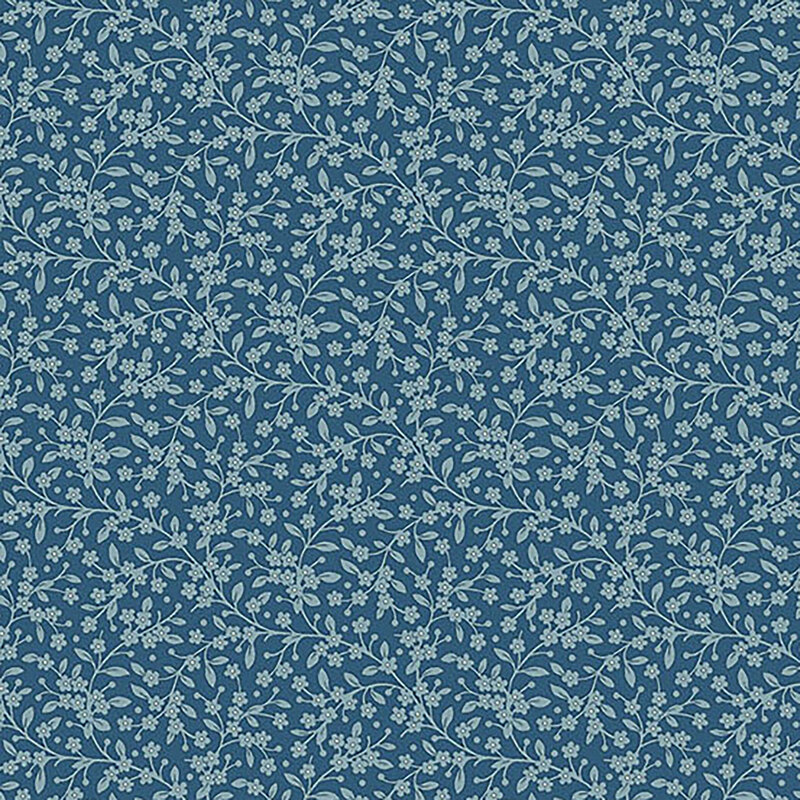 Navy blue fabric with tonal, light blue leaves and vines throughout