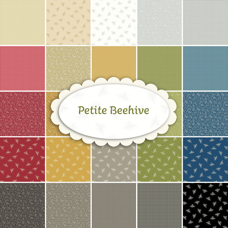 A collage of colorful fabrics included in the Petite Beehive collection by Andover Fabrics