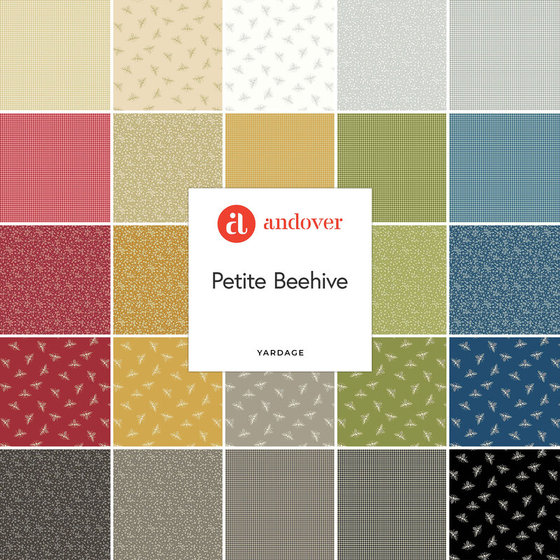 A collage of colorful fabrics included in the Petite Beehive collection by Andover Fabrics