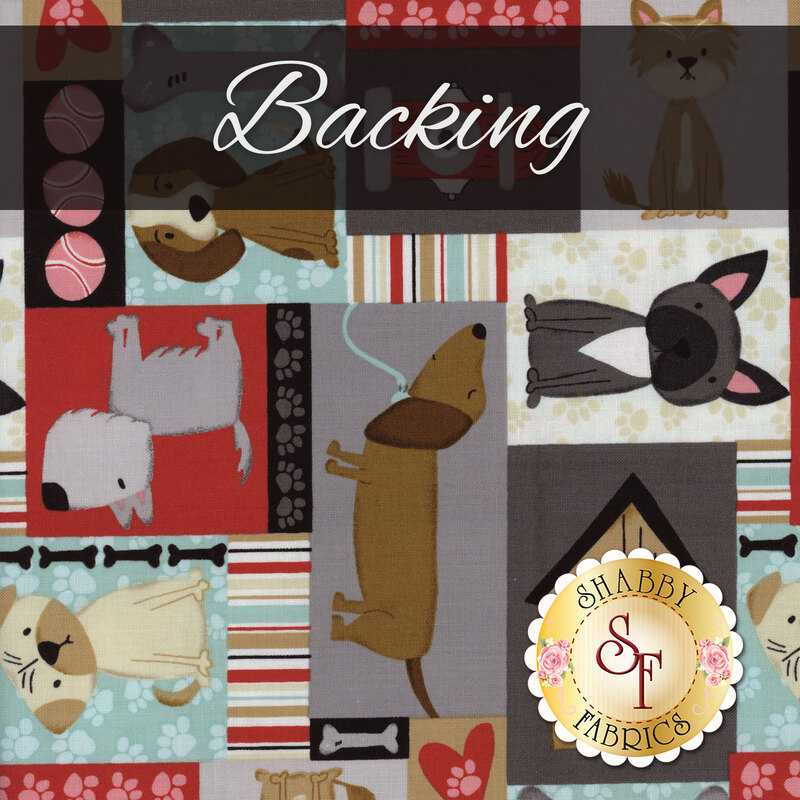 Swatch of a multicolor fabric with packed boxes hosting stylized designs of various dog breeds. A black banner at the top reads 
