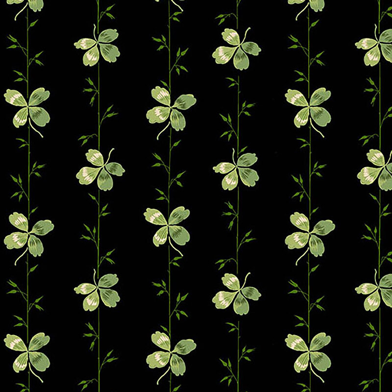 A solid black fabric with green stripes made of vines and clovers