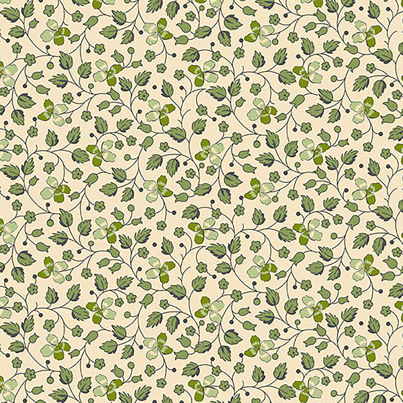 Cream fabric with creeping green vines, leaves, and clovers throughout