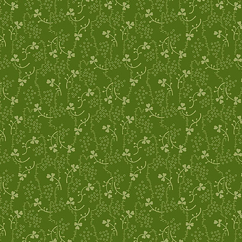 Forest green fabric with small, light green shamrocks and vines all over