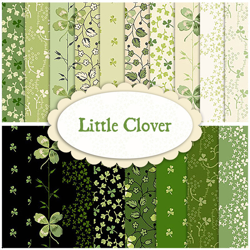 A collage of green, black, and cream fabrics included in the Little Clover collection by Andover Fabrics