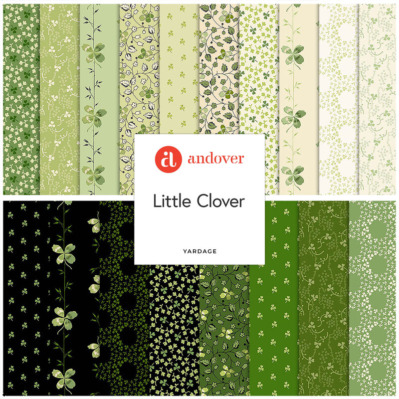 A collage of green, black, and cream fabrics included in the Little Clover collection by Andover Fabrics