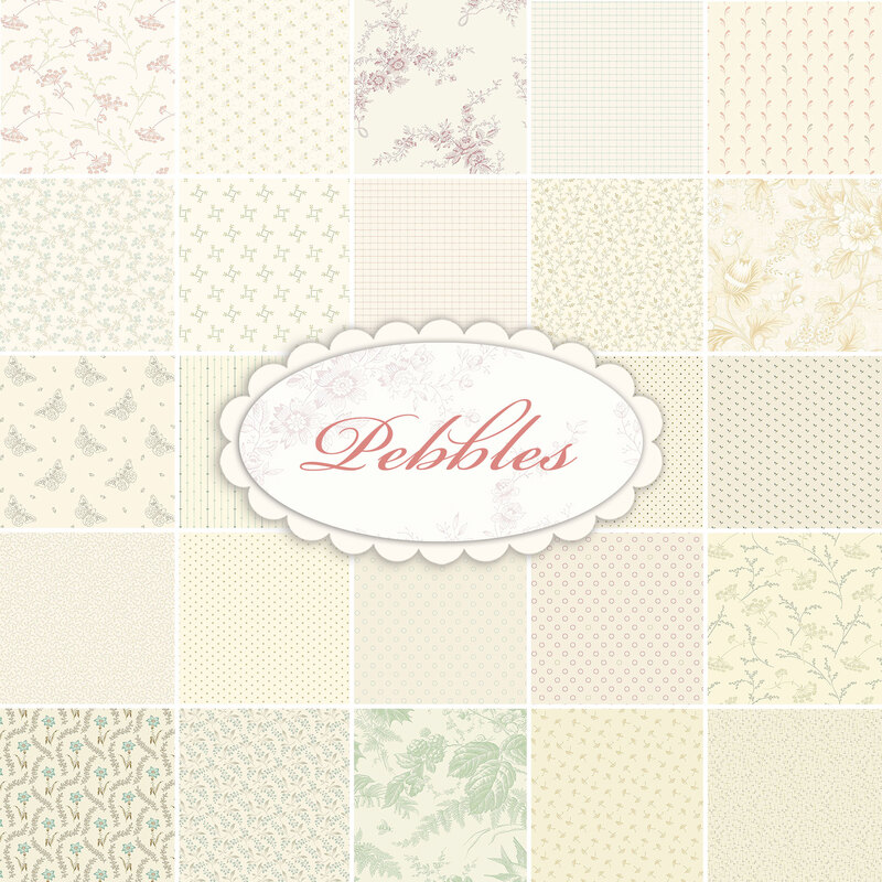 Collage of fabrics in Pebbles featuring florals, polka dots, and ditsy prints in cream