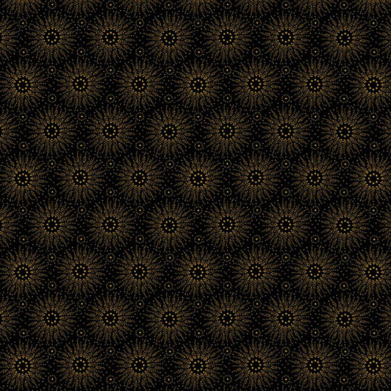 Black fabric with bohemian style sun bursts evenly spaced throughout