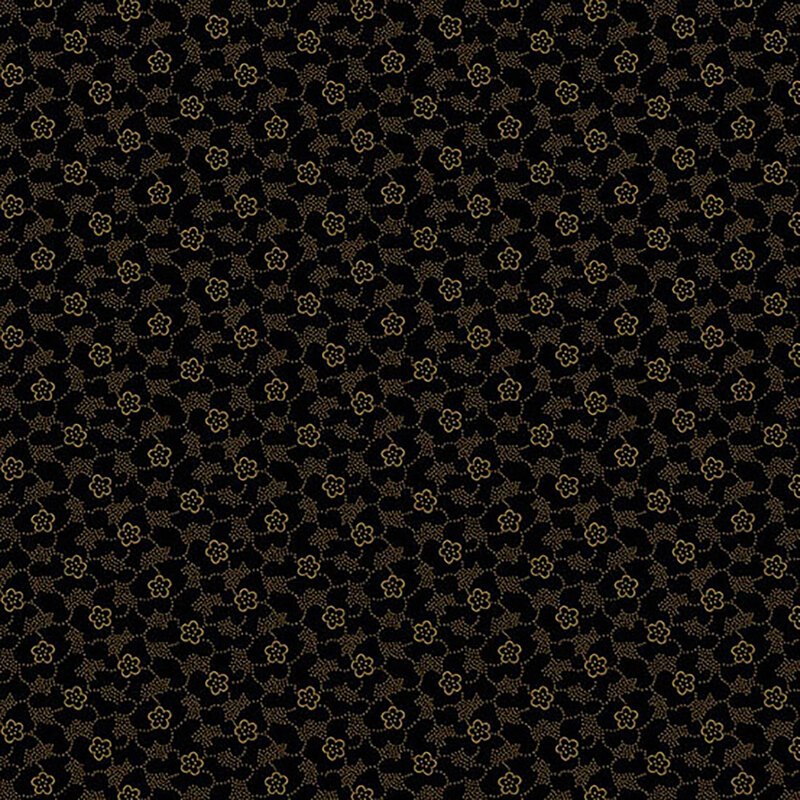 Black fabric with brown florals and dotted vines throughout