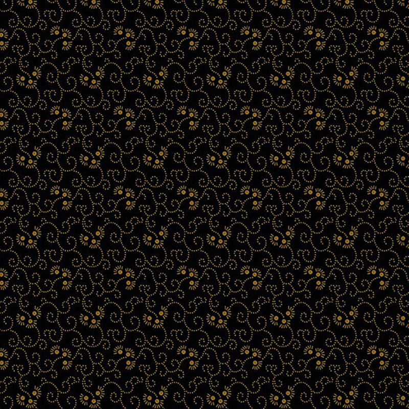 Black fabric with small brown swirling pin dot vines and florals throughout
