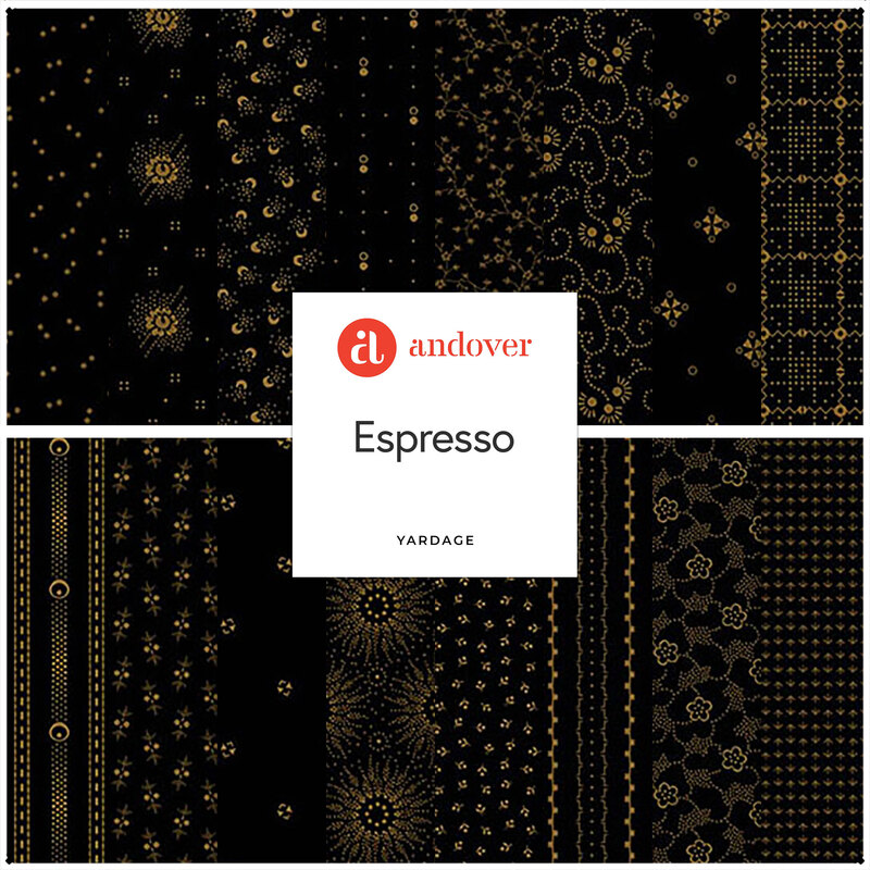 A collage of black fabrics included in the Espresso collection