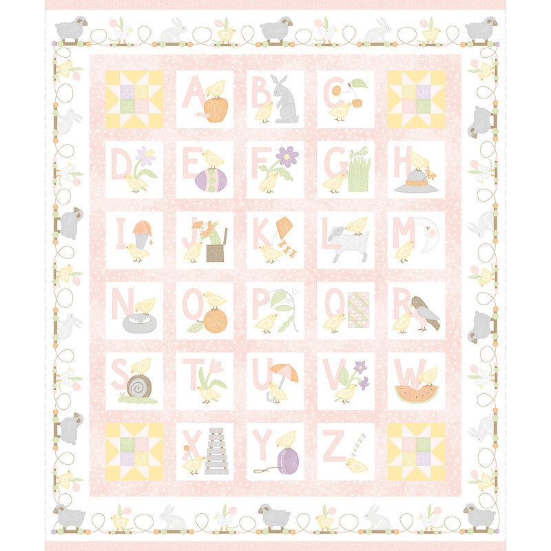 Panel featuring the alphabet with corresponding images for each letter in soft pastel tones