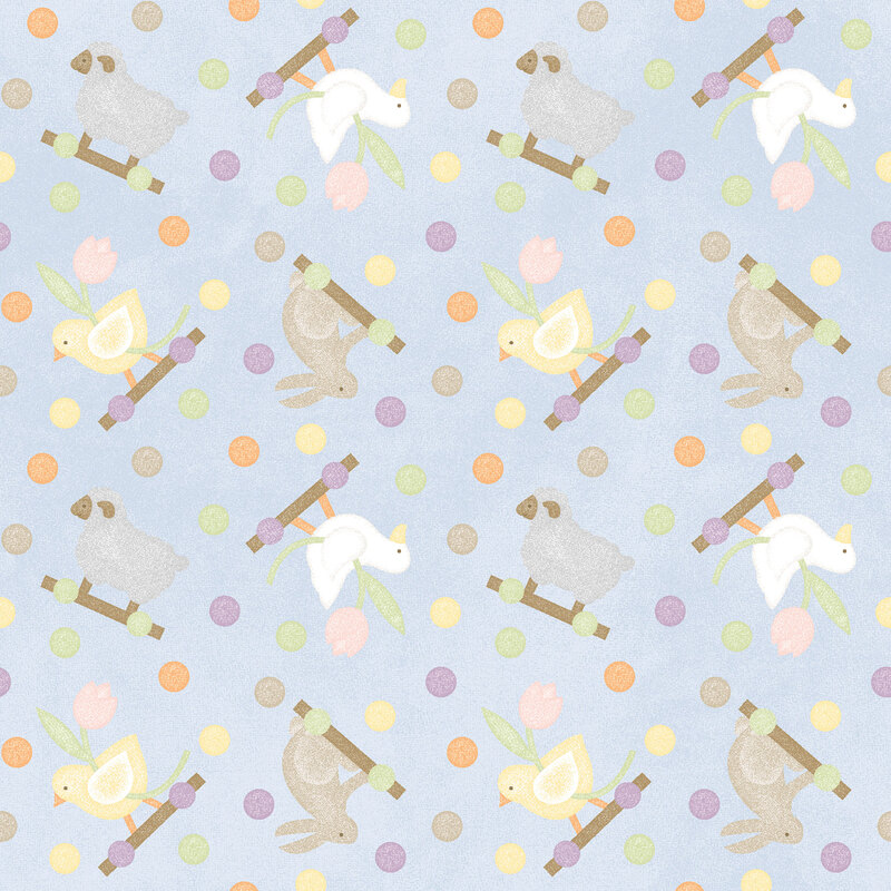 soft pastel blue fabric featuring chicks, ducks, bunnies, and sheep with multicolored dots