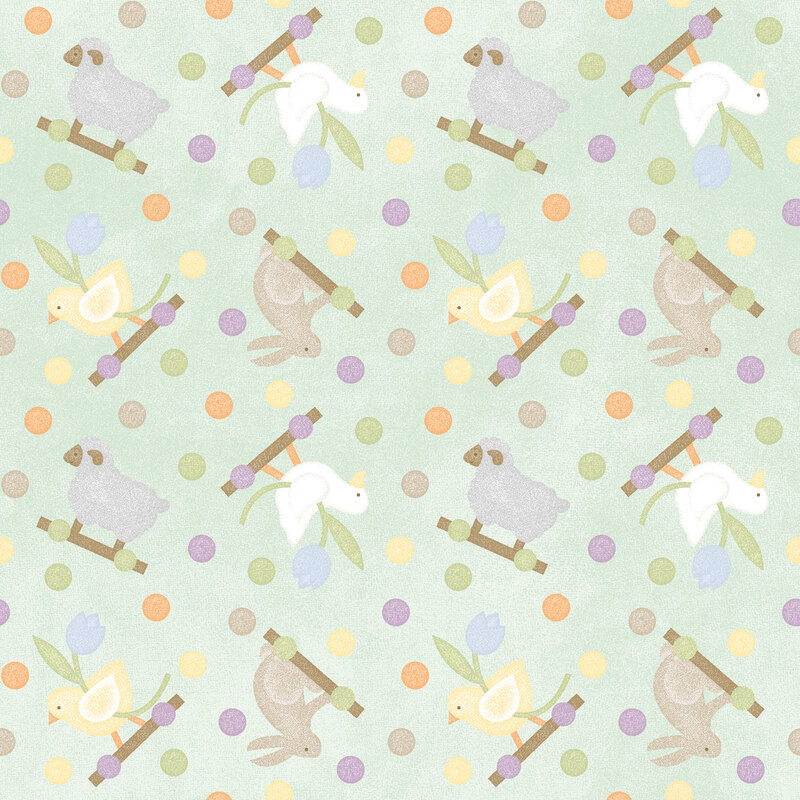 soft pastel green fabric featuring chicks, ducks, bunnies, and sheep with multicolored dots
