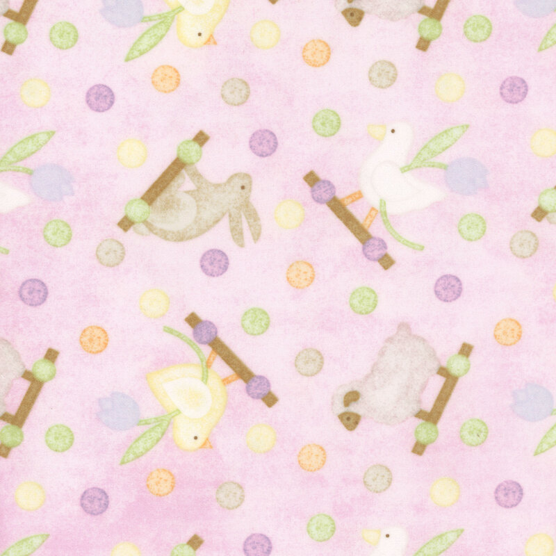 soft pastel purple fabric featuring chicks, ducks, bunnies, and sheep with multicolored dots.