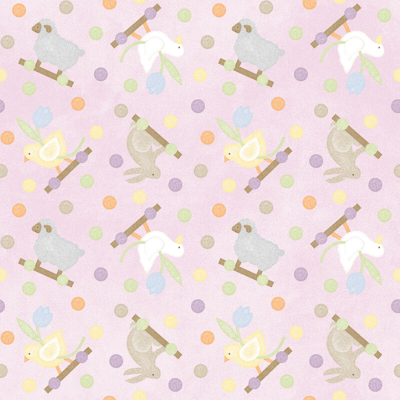 soft pastel purple fabric featuring chicks, ducks, bunnies, and sheep with multicolored dots