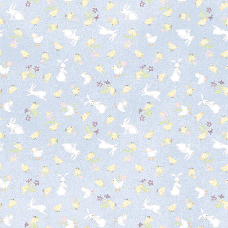 soft pastel blue fabric featuring bunnies, with baby chicks and ducks holding flowers
