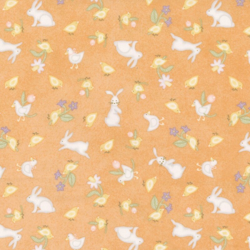 soft pastel orange fabric featuring bunnies, with baby chicks and ducks holding flowers.