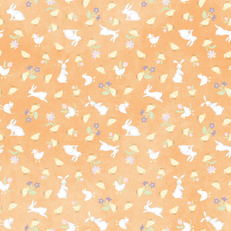 soft pastel orange fabric featuring bunnies, with baby chicks and ducks holding flowers